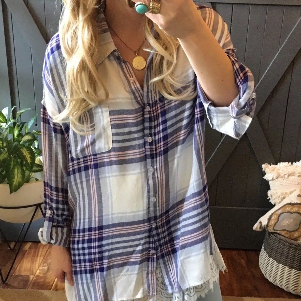Last Two! Plus Size Plaid Button Up Blouse Top - Picture 2 of 7